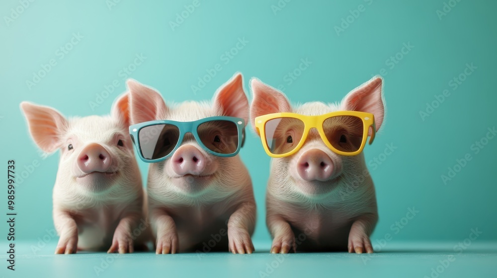 Three piglets lined up side by side, each wearing a different pair of colorful sunglasses against a teal background, creating a playful and trendy scene perfect for stock images. Three piglets lined up side by side, each wearing a different pair of colorful sunglasses against a teal background, creating a playful and trendy scene perfect for stock images.