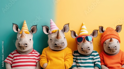 This image features four young rhinos wearing colorful hoodies and party hats, sitting together against a split-colored background, which highlights fun and innocence. photo