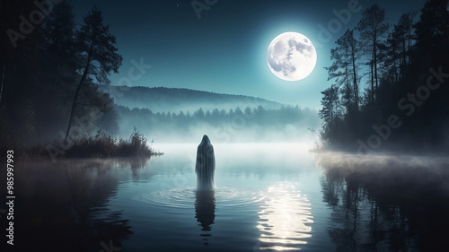 A ghostly figure emerges from a foggy lake under the full moon, casting an eerie glow and a sense of mystery
