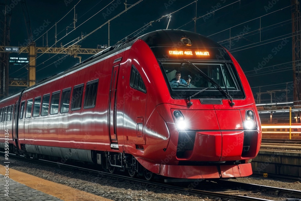 Naklejka premium A red train is traveling down the tracks at night. The train is illuminated by lights, and the windows are tinted. The train is moving quickly, and the lights are on, creating a sense of urgency