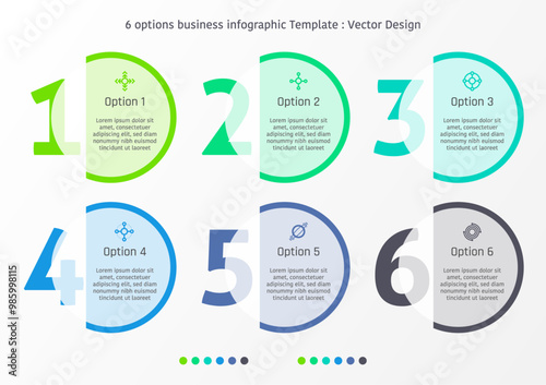 6 options business infographic template, circle with large number in flat design, also with text frame and specific symbols