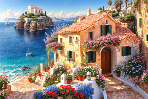 Beautiful house surrounded by flowers, mediterranean architecture oil painting on canvas.