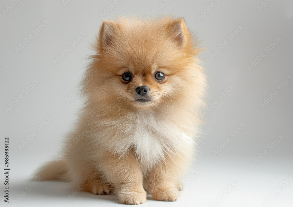 cute a potrait pomeranian calm sit down looking camera grey background AI Generate cute a potrait pomeranian calm sit down looking camera grey background AI Generate