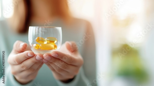 A pair of hands holds a small glass containing golden capsules. The background is soft and out of focus, reflecting a serene and health-conscious lifestyle.