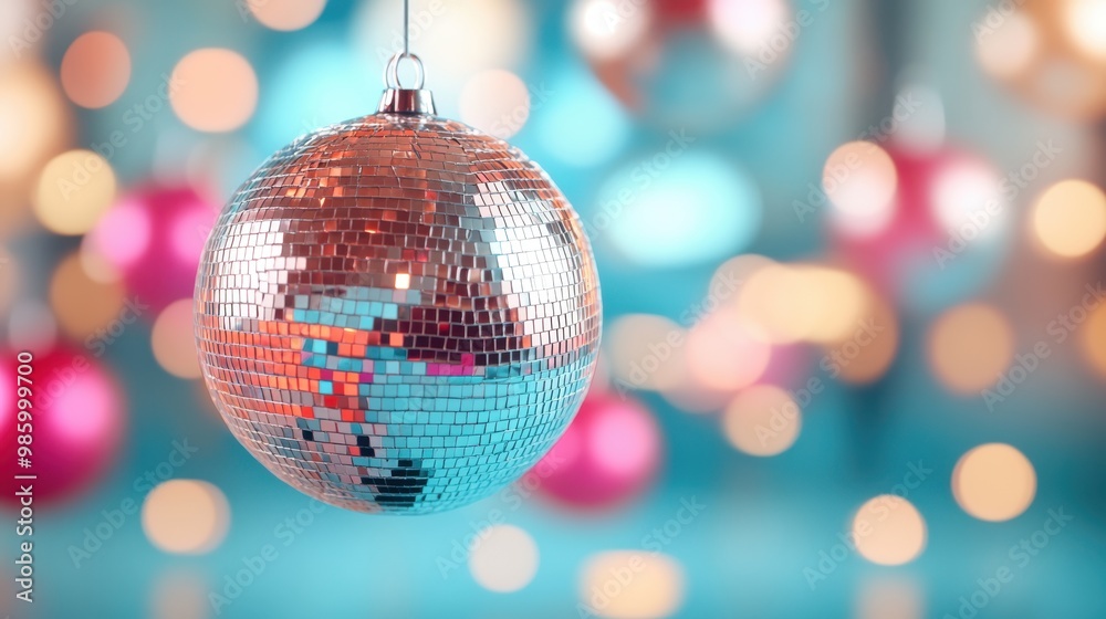 Obraz premium A hanging disco ball reflects light, surrounded by blurred pink and blue festive lights, presenting a lively and vibrant scene ideal for celebrations and parties.