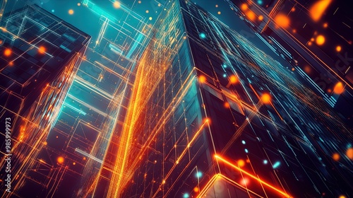 Transform Your Space  Stunning Poster of a Digital Building with Glowing Patterns  Merging Technology and Urban Architecture - Perfect for Modern Sports Interiors 