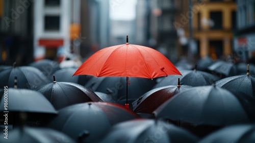 A bright red umbrella stands prominently among numerous dark umbrellas in a busy city street, symbolizing uniqueness and individuality amidst uniformity. photo