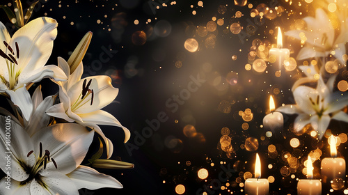 Wallpaper Mural Ritual funeral agency banner. White lilies and glowing candles on a dark bokeh background. Torontodigital.ca