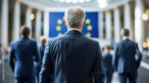 A group of men dressed in suits are seen from behind walking up grand steps in a large hall with European Union flag backdrop, suggesting a formal gathering or event.