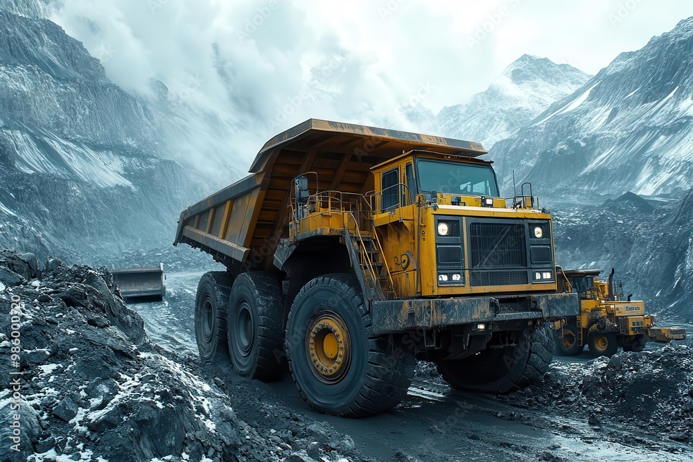 massive mining truck traversing rugged terrain surrounded by industrial equipment conveying scale of openpit mining operations massive mining truck traversing rugged terrain surrounded by industrial equipment conveying scale of openpit mining operations