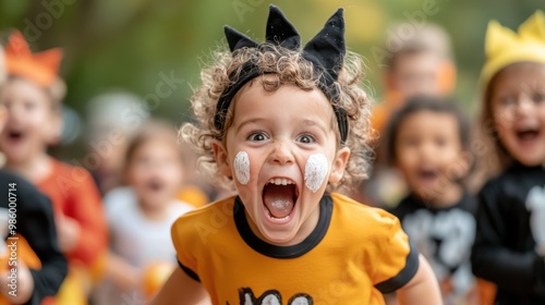 An enthusiastic child with animal ears headband and face paint looks surprised and excited amidst other children wearing festive outfits in an outdoor setting. photo