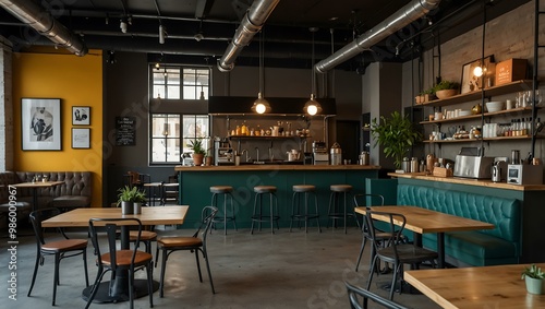 Modern cafe with industrial-chic design and bright decor.