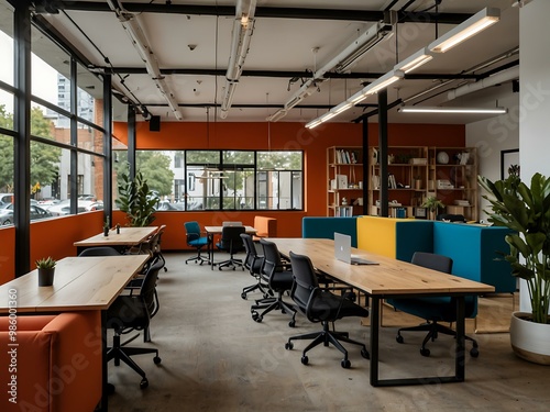 Modern coworking space with open-plan desks and vibrant decor.