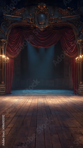 Quiet theater stage illuminated by dramatic spotlight effect in auditorium image