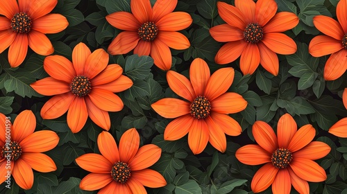 Vibrant orange flowers in full bloom, surrounded by lush green leaves, creating a stunning and lively floral pattern.