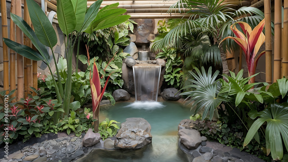 Tranquil indoor garden with a small waterfall and a pond surrounded by lush greenery. Tranquil indoor garden with a small waterfall and a pond surrounded by lush greenery.