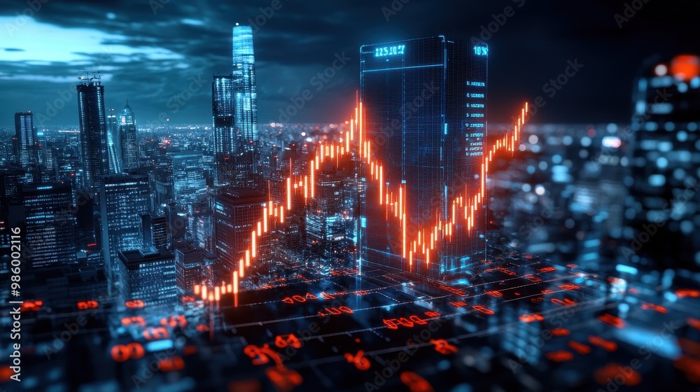 Stock market crash depicted with red arrows over a cityscape Stock market crash depicted with red arrows over a cityscape