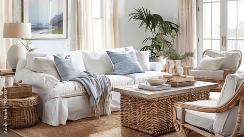 Coastal-inspired living room with a linen slipcovered sofa, wicker coffee table, and wooden accent chairs, creating a beachy vibe. interior design concept  photo