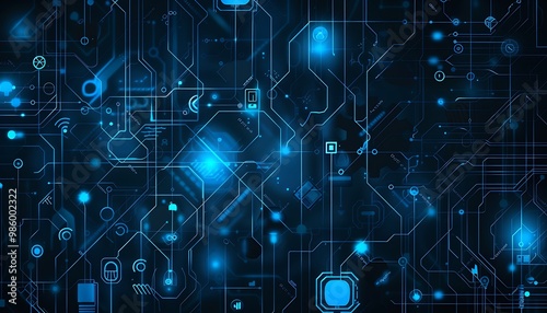 Abstract blue background with circuit board and icons