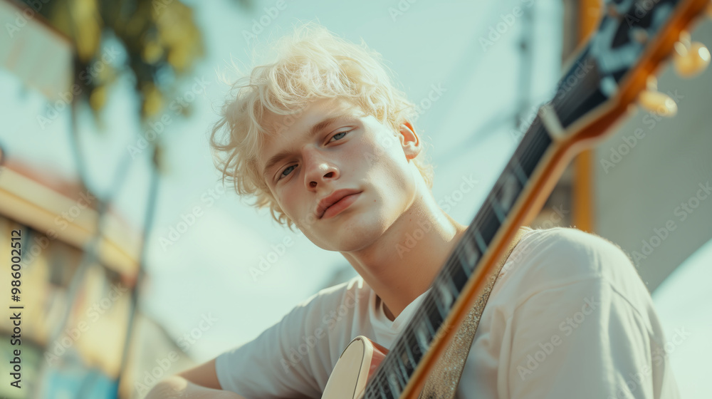 A young albino man captures attention while playing guitar in a lively outdoor setting A young albino man captures attention while playing guitar in a lively outdoor setting