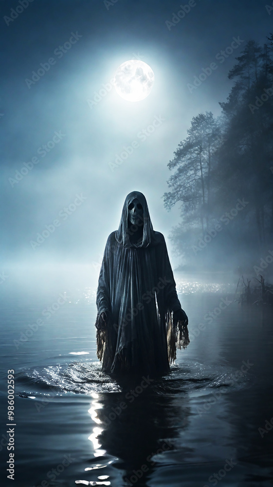 A ghostly figure emerges from a foggy lake under the full moon, casting an eerie glow and a sense of mystery A ghostly figure emerges from a foggy lake under the full moon, casting an eerie glow and a sense of mystery