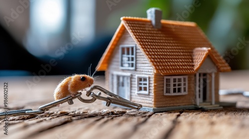 A detailed miniature house keychain with an orange roof is accompanied by a mouse, placed on a wooden surface, symbolizing security, homeliness, and intricate realism. photo