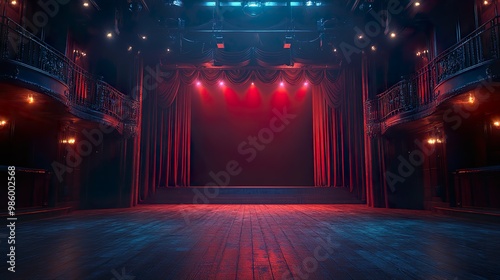 Silent theater stage set illuminated by spotlight effect on quiet auditorium image photo