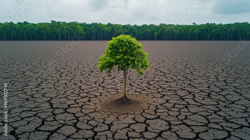 Single Tree in Cracked Earth Dry Land Drought Environmental Issues Climate Change