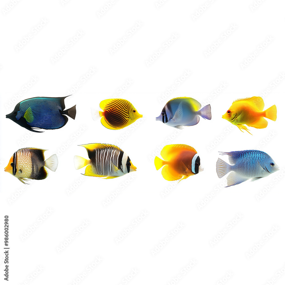 A collection of tropical fish isolated on a white background, with vibrant colors A collection of tropical fish isolated on a white background, with vibrant colors