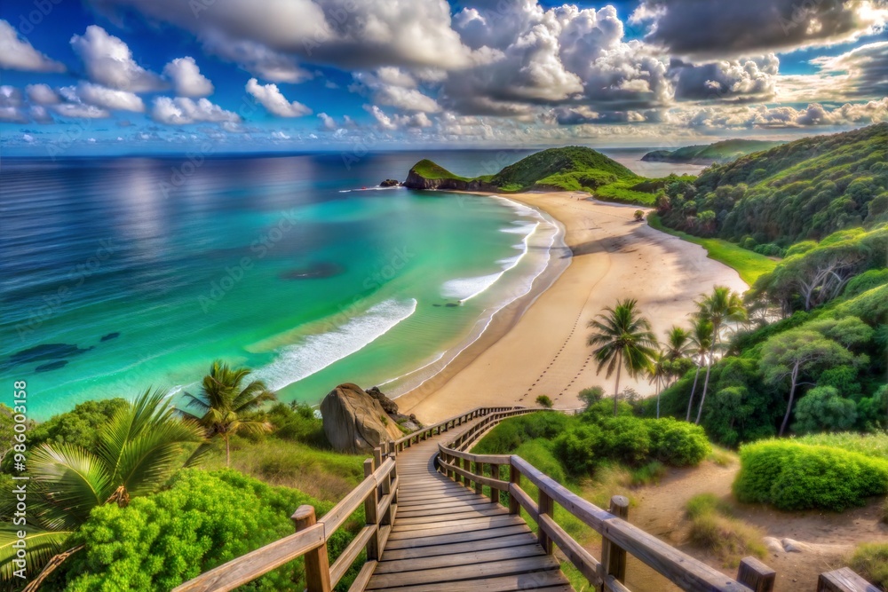 Tropical beach with crystal-clear water sand and palm trees Tropical beach with crystal-clear water sand and palm trees