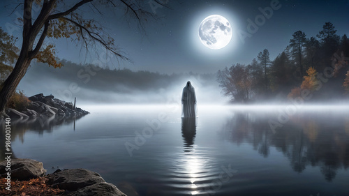 A ghostly figure emerges from a foggy lake under the full moon, casting an eerie glow and a sense of mystery