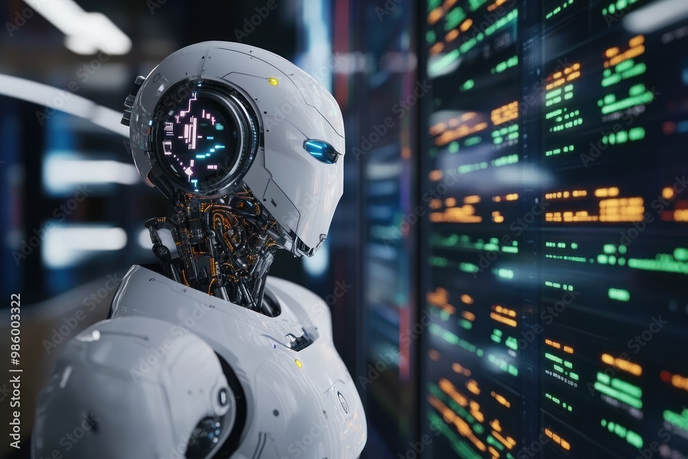 Fototapeta premium White Robot with Glowing Eyes Looking at Data Screen