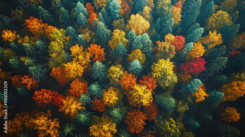 Aerial View of a Forest in Autumn with Various Colors