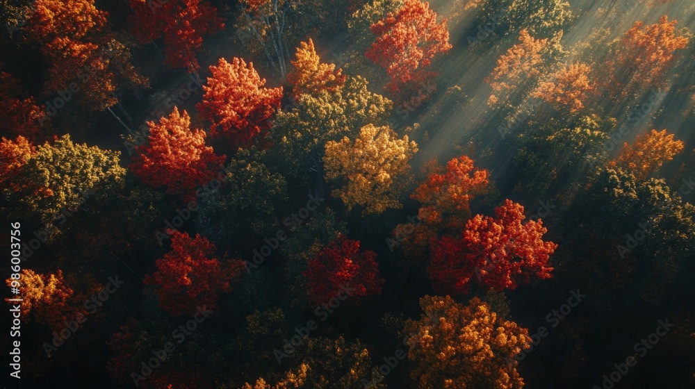 Aerial View of Autumn Forest with Sunbeams Aerial View of Autumn Forest with Sunbeams