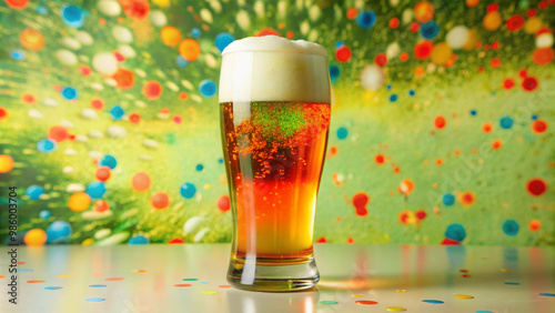 Glass of beer on the table with foam and bubbles
 photo