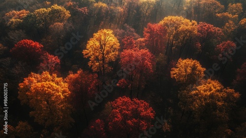 Aerial View of a Forest in Autumn with Sunlit Canopy