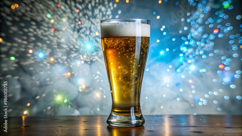 Glass of beer on the table with foam and bubbles
 photo