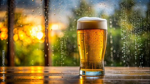 Glass of beer on the table with foam and bubbles
 photo