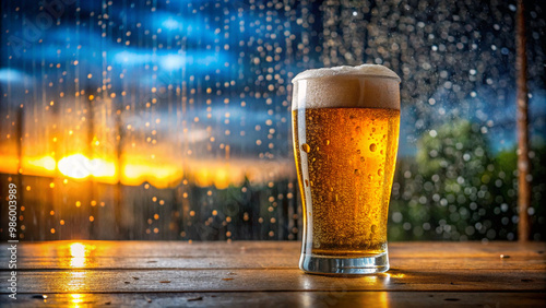 Glass of beer on the table with foam and bubbles
 photo