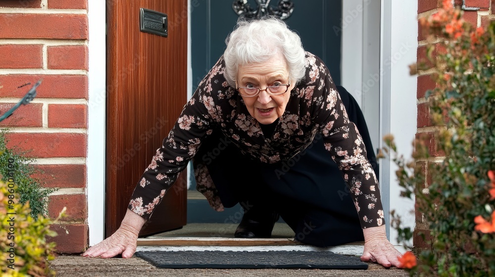 A senior woman accidentally falls down at home after stumbling on a