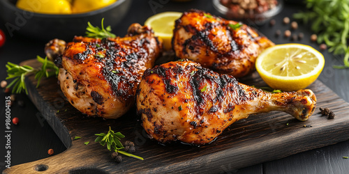 Grilled chicken. A half baked chicken with lemon and spices baked in the oven. Delicious juicy chicken. Grilled poultry.