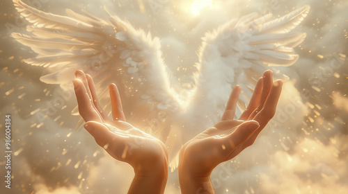 a pair of open hands reaching towards the viewer, with angel wings spread behind them; ethereal light filtering through white clouds above; soft and warm color palette with highlights on each hand's