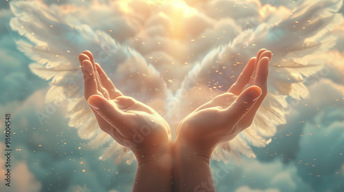 a pair of open hands reaching towards the viewer, with angel wings spread behind them; ethereal light filtering through white clouds above; soft and warm color palette with highlights on each hand's photo