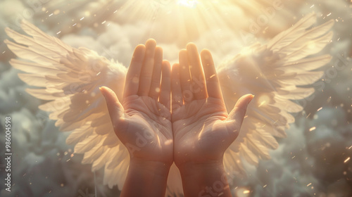 a pair of open hands reaching towards the viewer, with angel wings spread behind them; ethereal light filtering through white clouds above; soft and warm color palette with highlights on each hand's