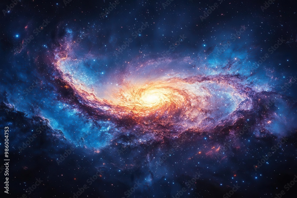 Naklejka premium mesmerizing night sky filled with a swirling galaxy of stars nebulas and cosmic dust creating a dreamlike celestial landscape with vivid blues purples and shimmering silver hues