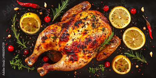 Grilled chicken. A half baked chicken with lemon and spices baked in the oven. Delicious juicy chicken. Grilled poultry.