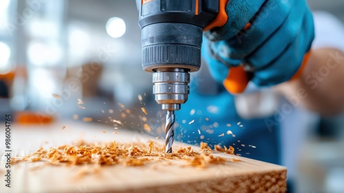 An engaging image showing a power drill active on a wooden surface, causing shavings to scatter, illustrating the vigorous process of woodworking and manual labor. photo