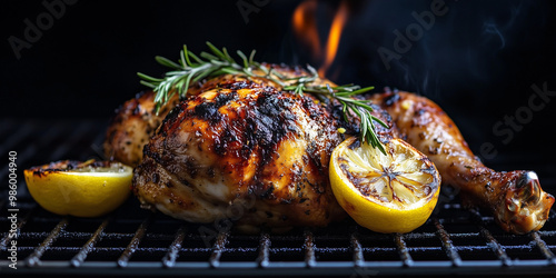 Grilled chicken. A half baked chicken with lemon and spices baked in the oven. Delicious juicy chicken. Grilled poultry.