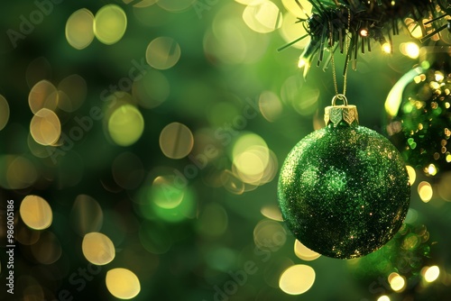 Green christmas ornament with festive lights