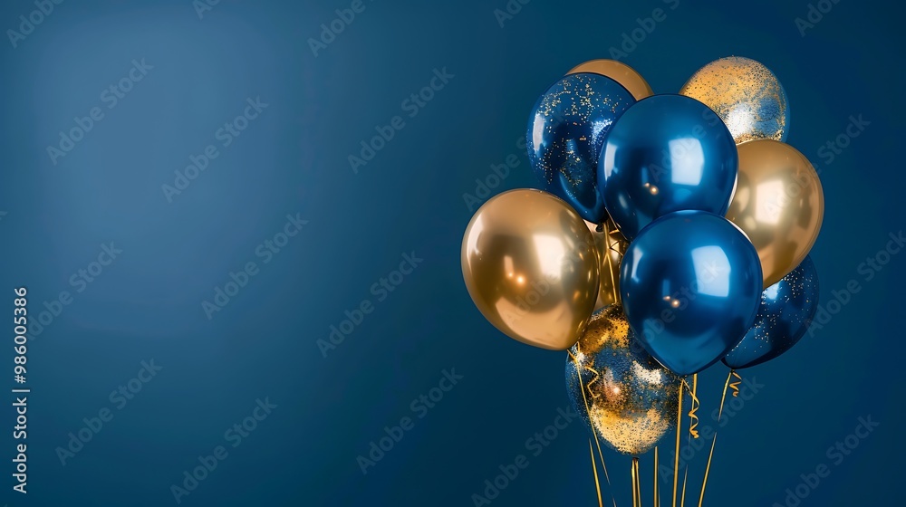 Bouquet of balloons, blue and golden balloons on dark blue background Bouquet of balloons, blue and golden balloons on dark blue background